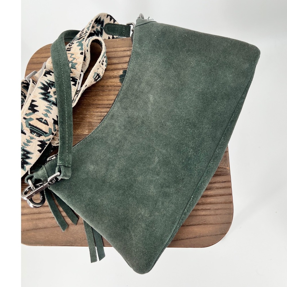 Harbour 2nd Green Suede Crossbody Bag Boho Guitar Strap Tassel Messenger - Picture 4 of 9